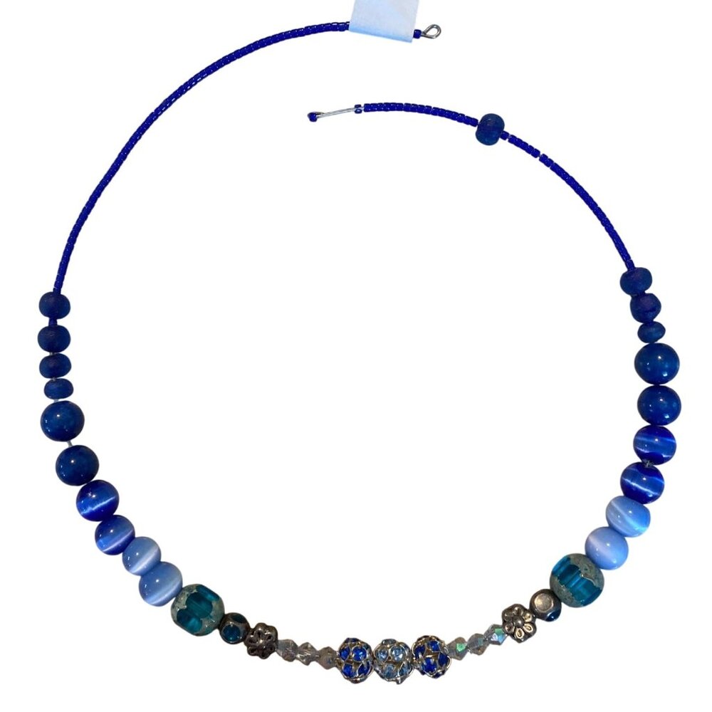 Handmade Blue Beaded Memory Wire Necklace With Glass & Crystal Beads